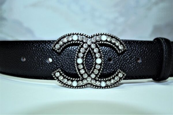 Caviar Pattern Chanel Belt Silver Diamond Buckle